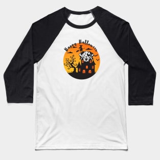 Dalmatian Dog Head with Haunted Mansion and Happy Halloween Sign Baseball T-Shirt